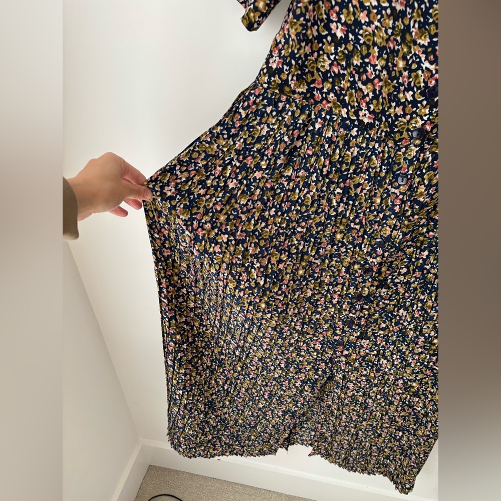 Vintage Floral Button Front Midi Dress Navy Pink Pleated Skirt Size 9/10 - Picture 6 of 10